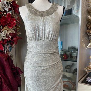 NWOT-Cachet, Golden Lame Cocktail Dress with Beaded Neckline
